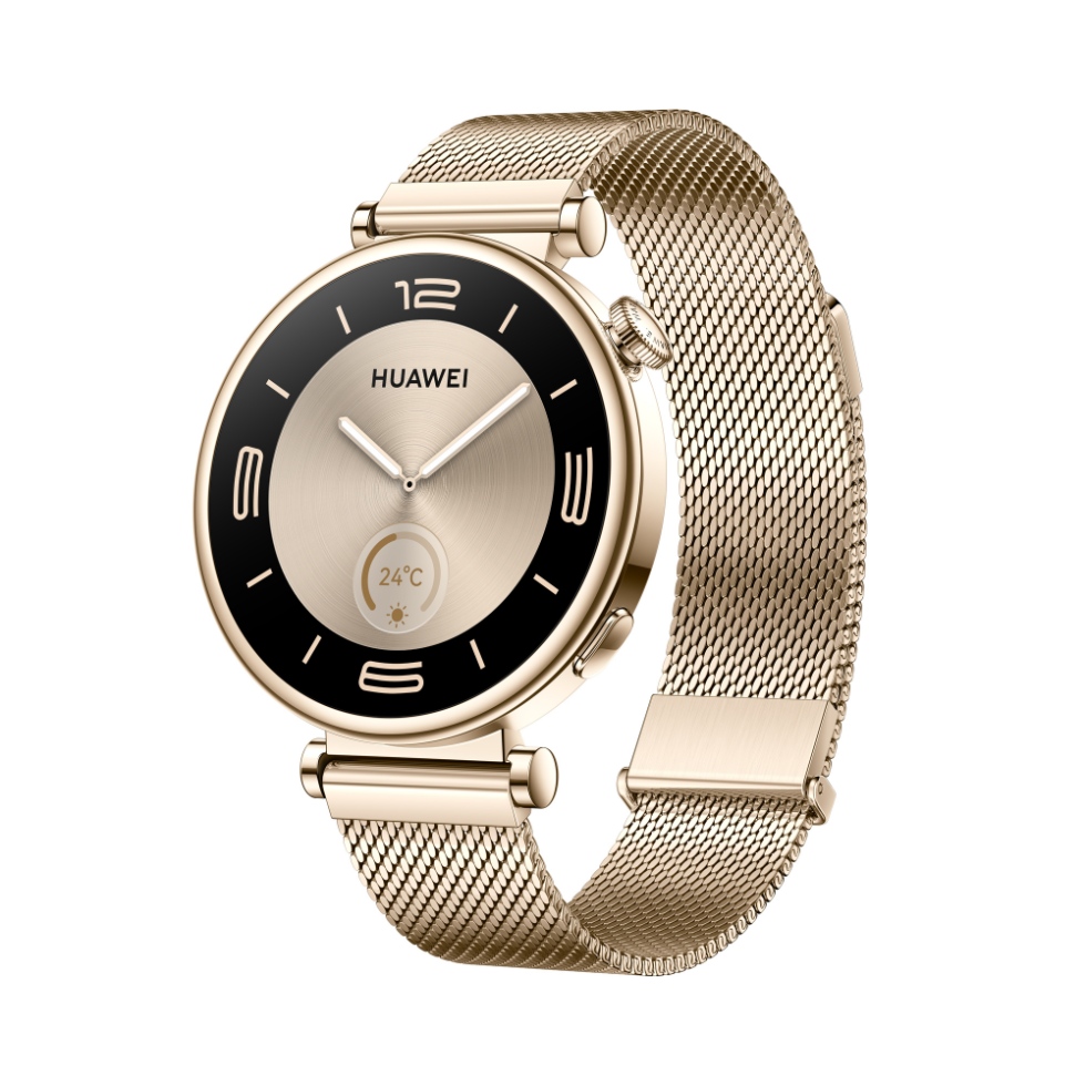 Die Huawei Watch GT 4 mit Milanaise Armband in Gold und Magnetverschluss.