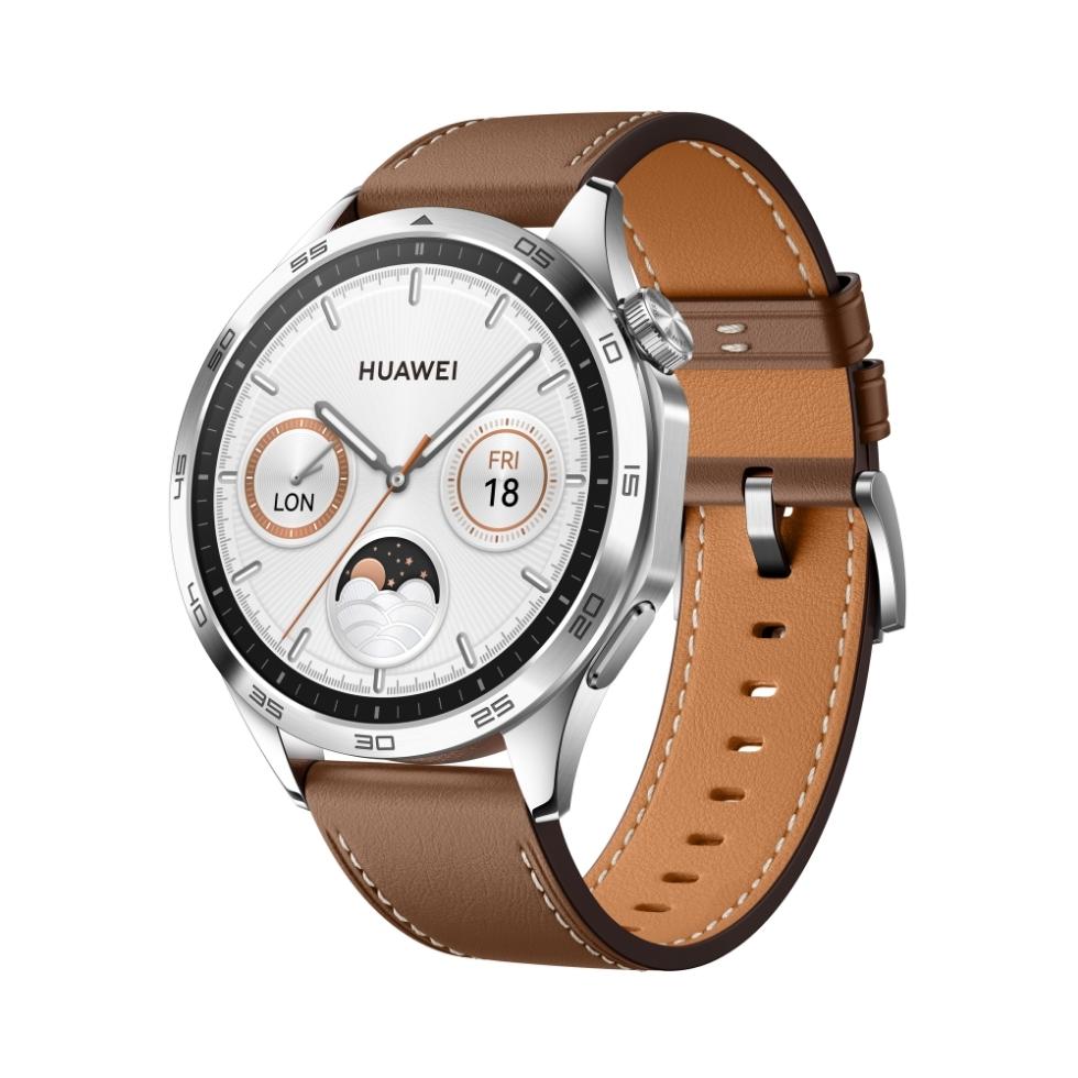 Die Huawei Watch GT 4 mit braunem Lederarmband.
