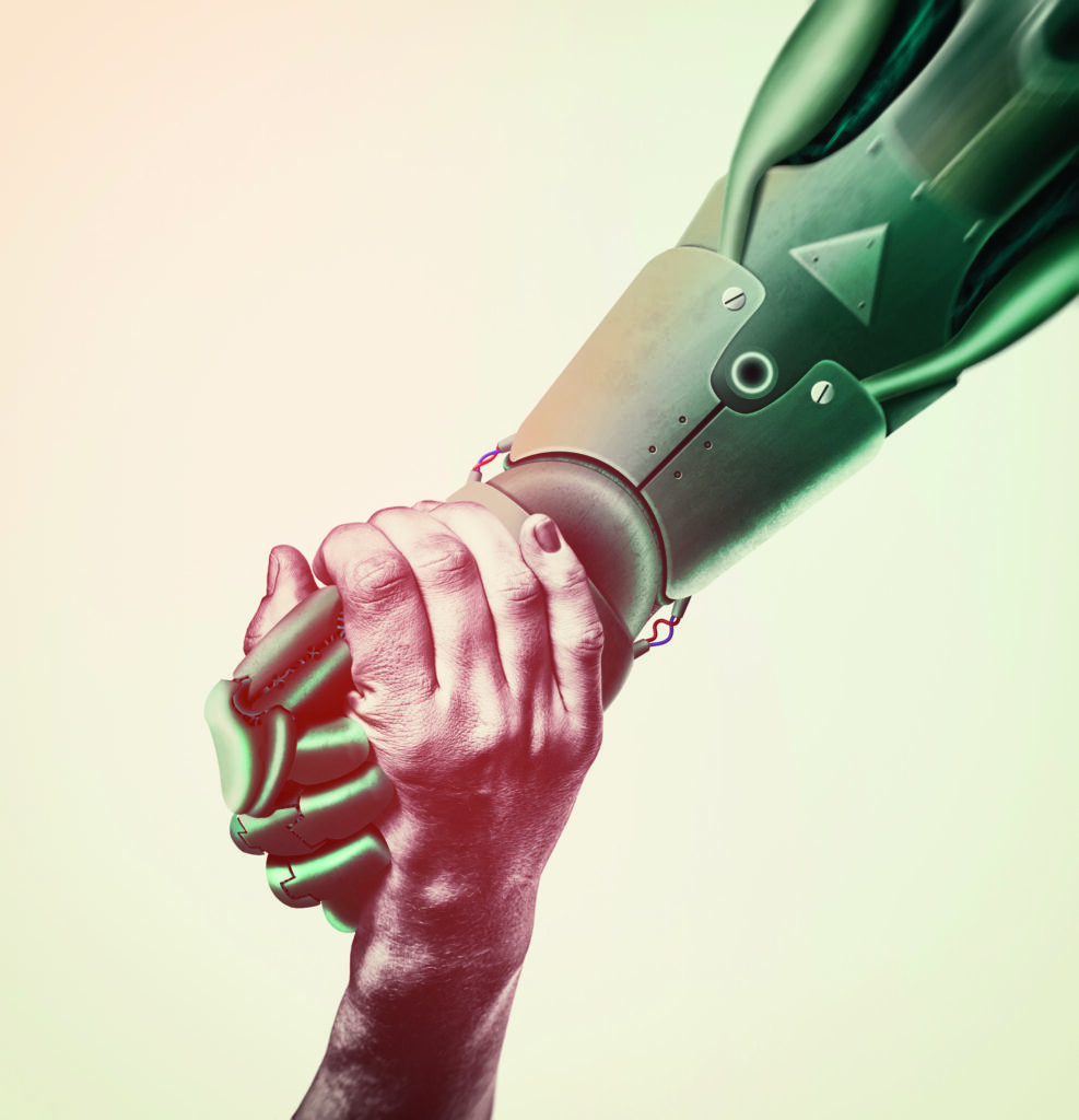 Robot's hand pulls a woman hand. Two hands on rescue position. Artificial intelligence, concept of future.