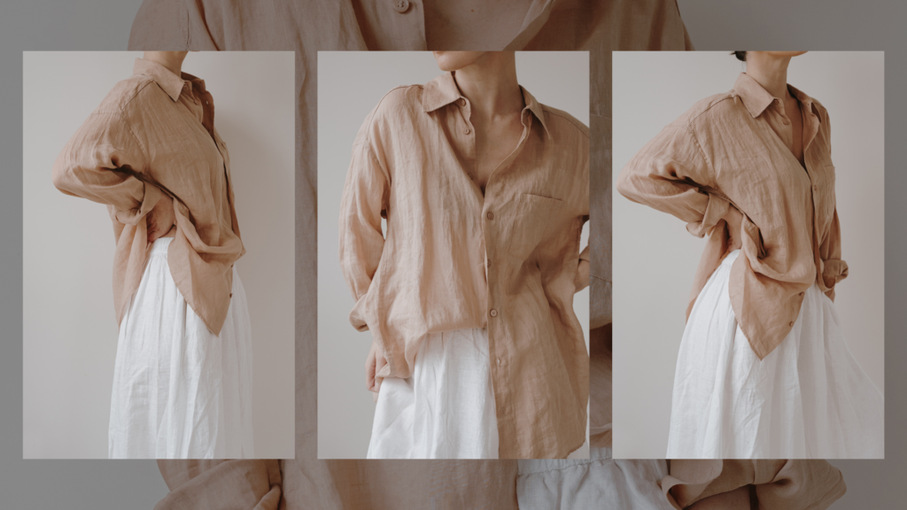 Leinen waschen: Unser Guide, Frau mit Leinen Outfit, beige, weiß, minimalistisch