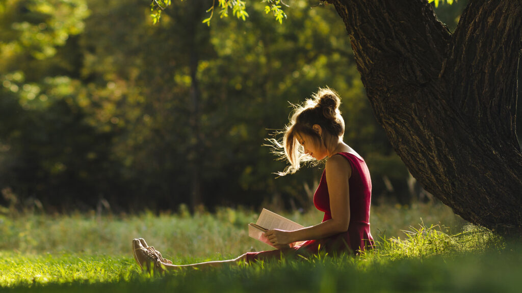 Sonniges Porträt eines schönen Mädchens, das auf einer grünen Lichtung unter Baumzweigen mit einem Buch sitzt; eine Frau liest einen Roman in der Natur – ein Konzept von Hobby und Lebensstil.
