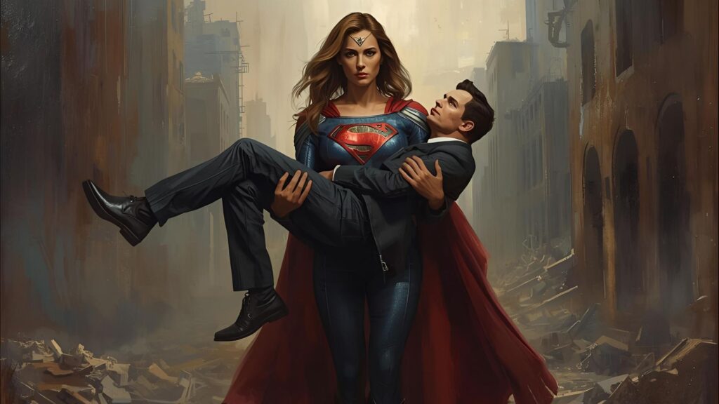 Frau als Superwoman trägt Mann auf ihren Händen.