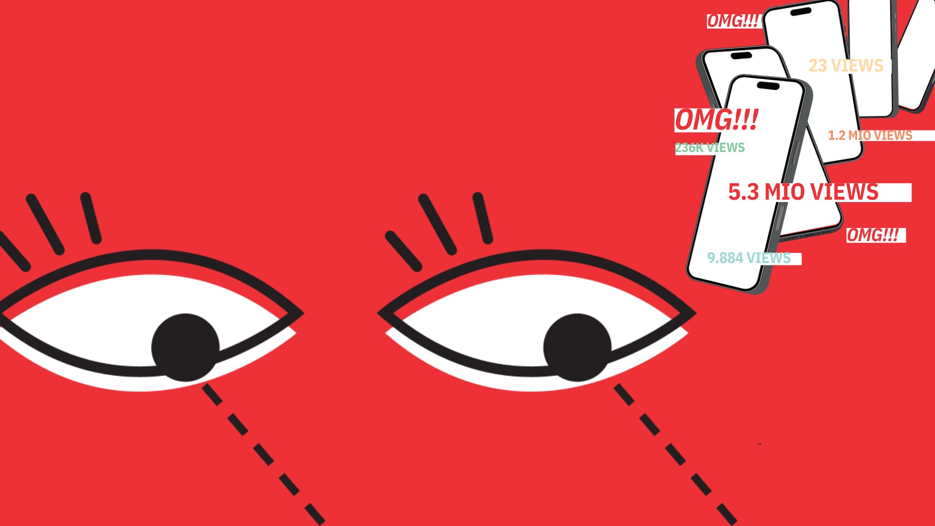 Skizze Augen blicken auf etwas, zahlreiche Handynachrichten auf gezeichneten Smartphones