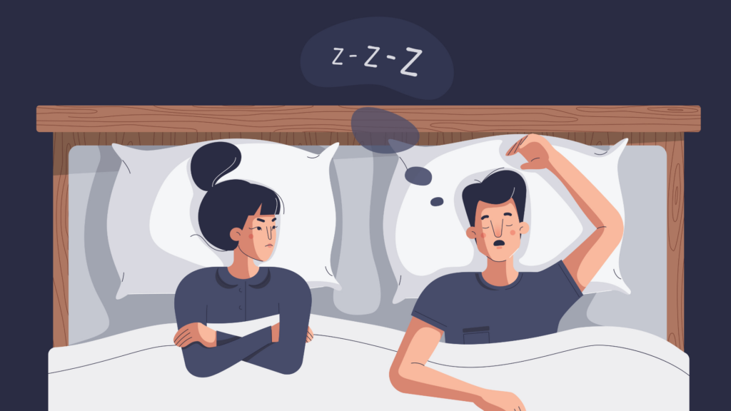Illustration von einem Paar im Bett, er schnarcht, sie ist genervt.
