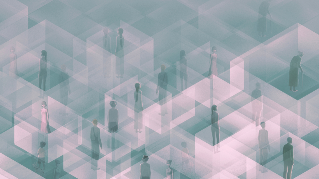 Illustration von Menschen in einem transparenten Algorithmus-Gebilde