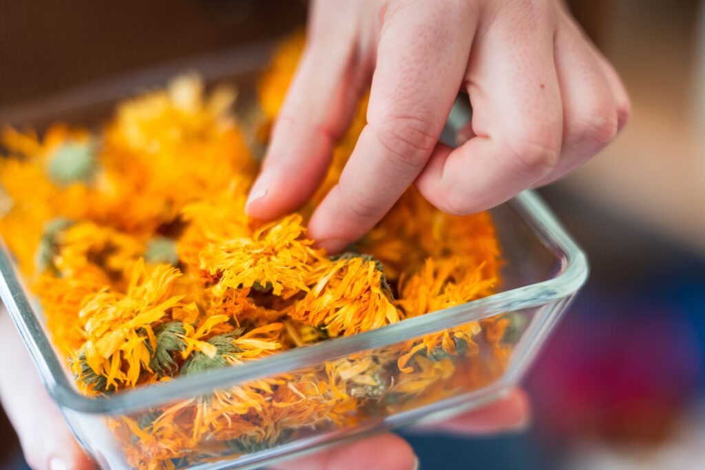 Eine Schale voller getrockneter Ringelblumenblüten