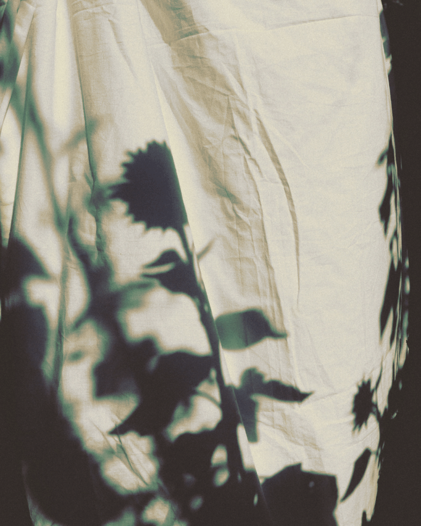 Polyamorie Symbolbild, ästhetisch mit Schatten auf Bettdecke, Blumen