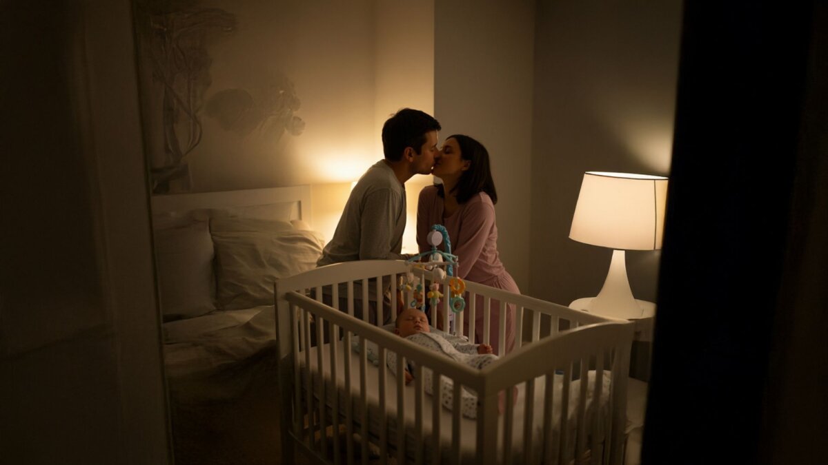 Sex nach der Geburt: Paar kÃ¼sst sich im Schlafzimmer, Baby liegt im Gitterbett davor.