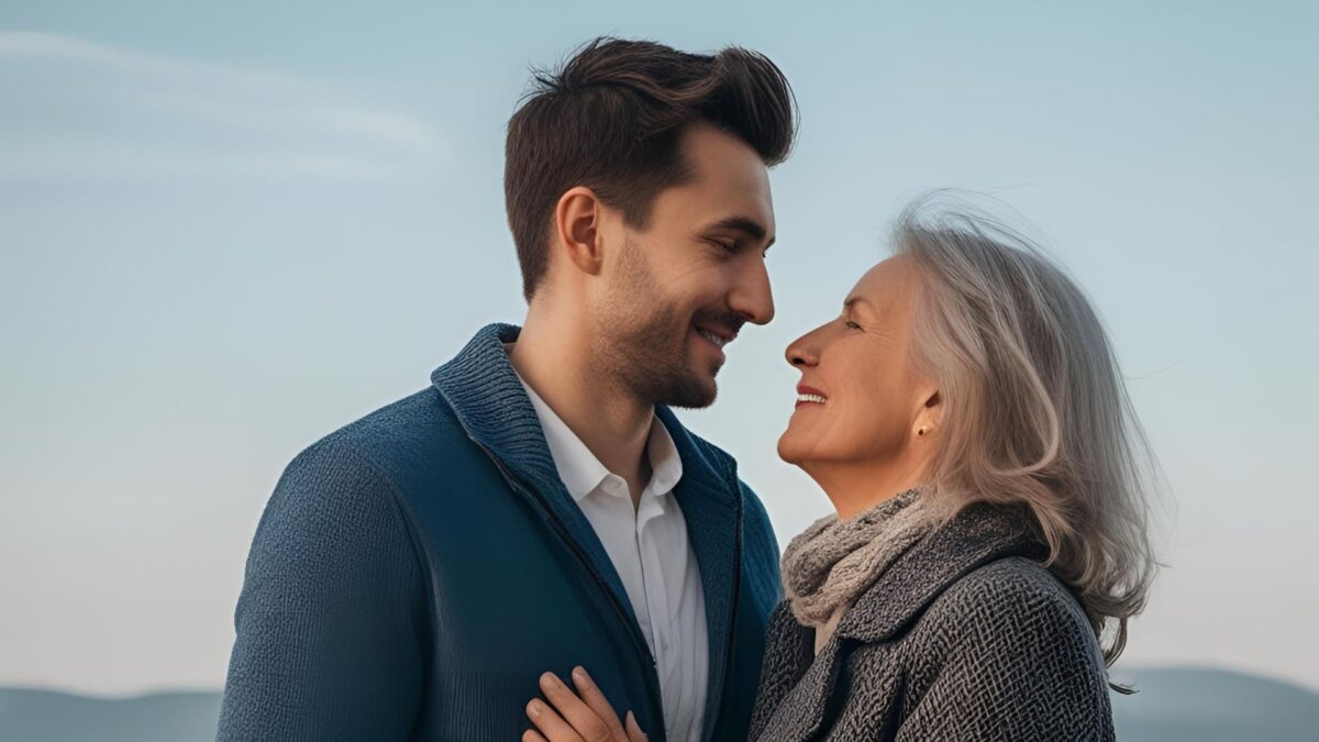 Ãltere Frau und jÃ¼ngerer Mann, die sich verliebt anschauen.